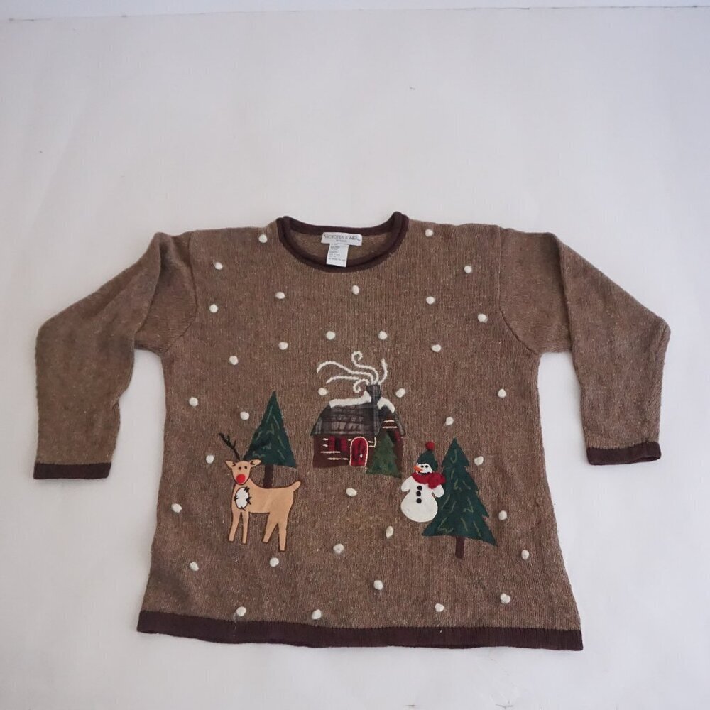 Vintage Victoria Jones Brown Winter Cabin Snowman Deer Scenic Cottage Sweater 1X
